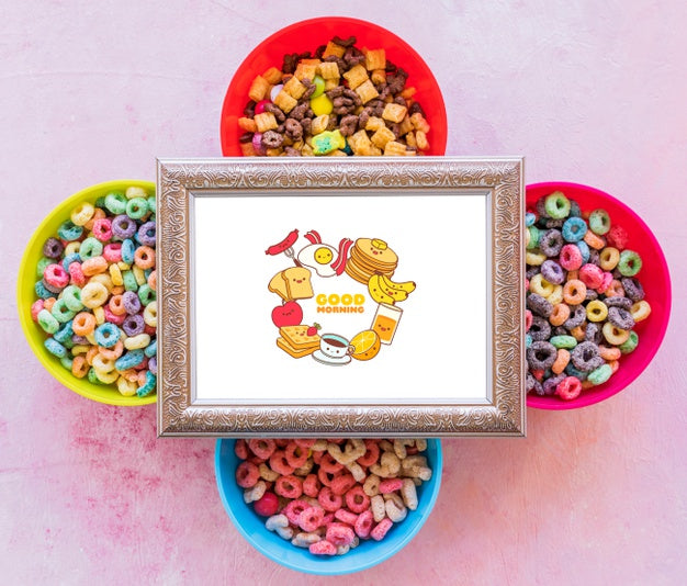 Free Flat Lay Of Colorful Cereals And Frame On Plain Background Psd