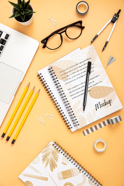 Free Flat Lay Of Desk Surface With Notebooks And Succulent Psd