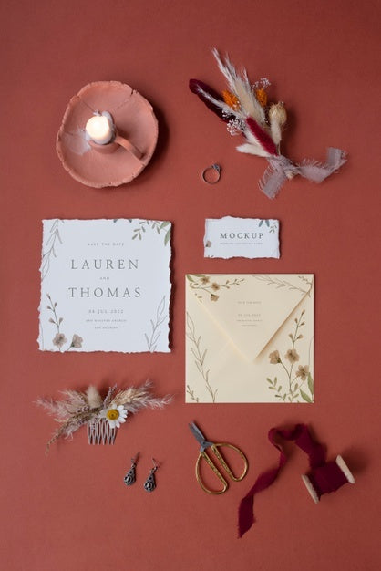 Free Flat Lay Of Mock-Up Rustic Paper Wedding Invitation With Leaves And Flowers Psd