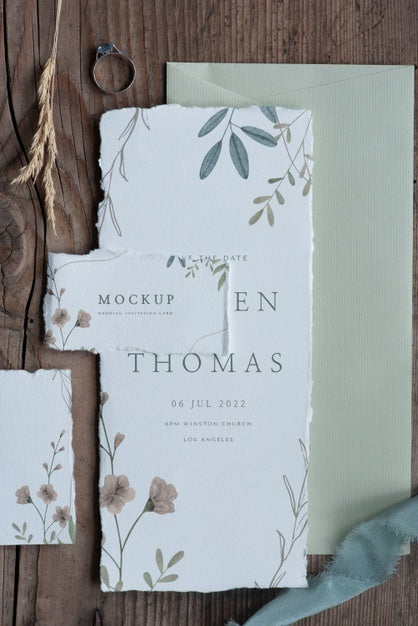 Free Flat Lay Of Paper Mock-Up Rustic Wedding Invitation With Leaves And Flowers Psd