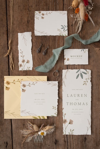 Free Flat Lay Of Paper Mock-Up Rustic Wedding Invitation With Leaves And Flowers Psd