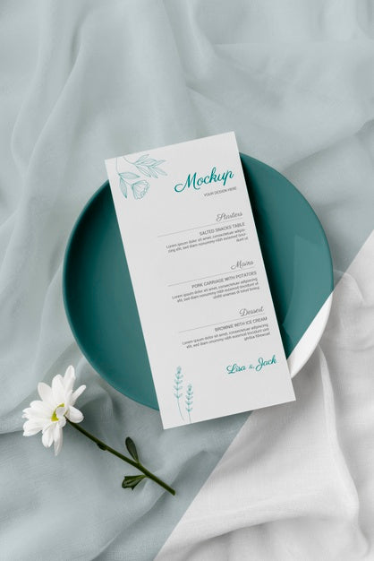 Free Flat Lay Of Table Arrangement With Spring Menu Mock-Up On Plate And Flower Psd