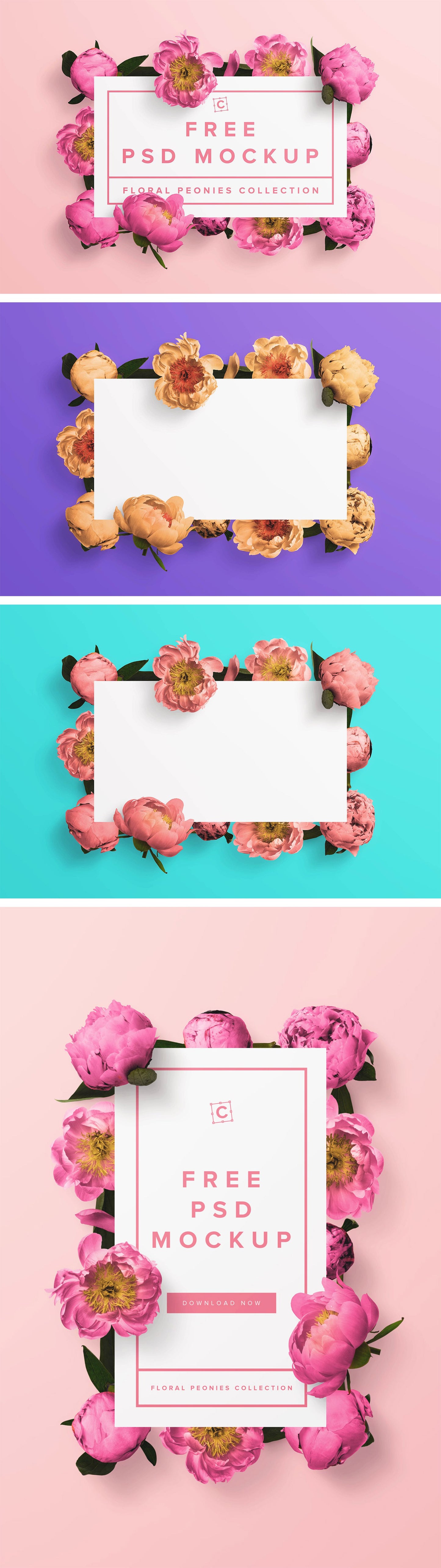 Free Floral Peonies Print Paper Banner Psd Mockup