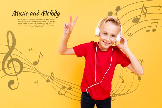Free Front View Of Child Listening To Music On Headphones And Making Peace Sign Psd