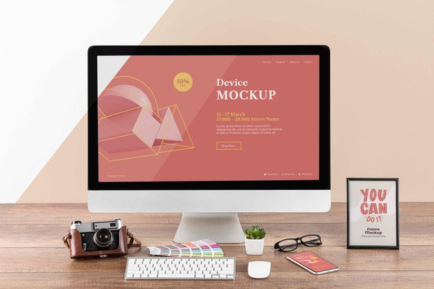 Free Front View Of Photographer Wooden Workspace With Computer Monitor Psd