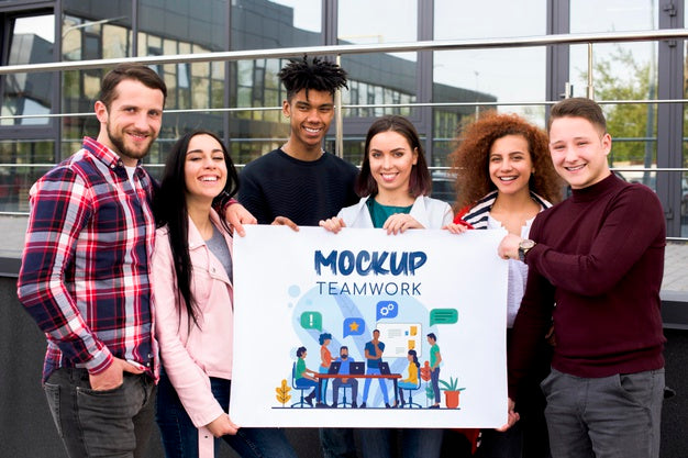 Free Front View People Holding Teamwork Mock-Up Psd