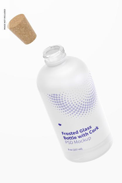 Free Frosted Glass Bottle With Cork Mockup, Floating Psd
