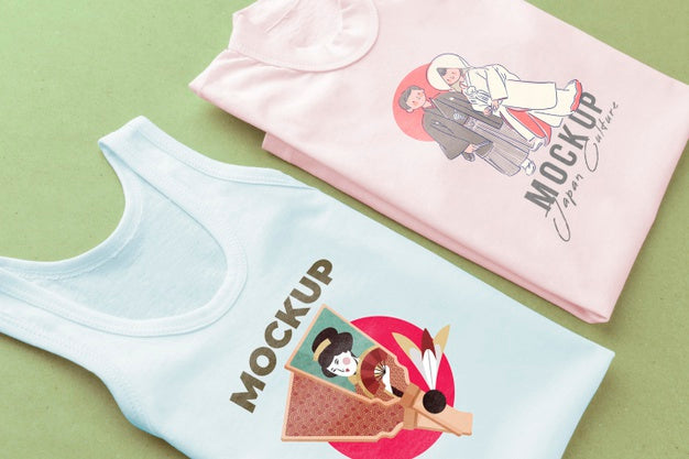 Free High Angle Japanese T-Shirt Mock-Up Composition Psd