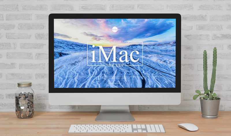 Free Imac Placing On Wooden Table Mockup