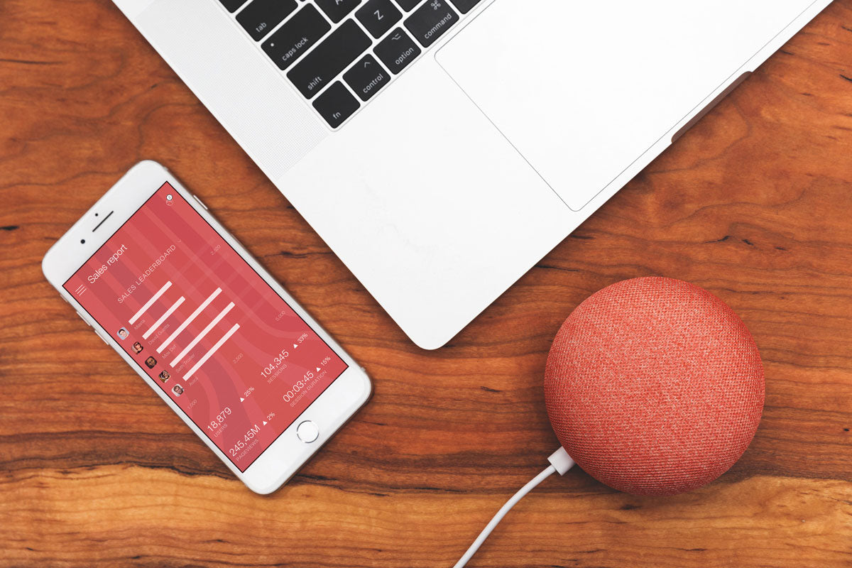 Free iPhone Mockup With Macbook On Wooden Desk