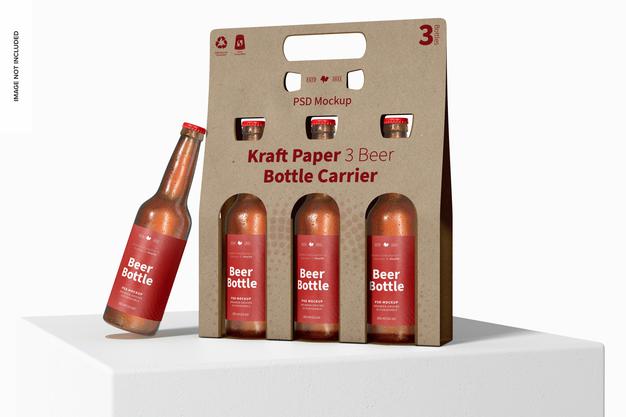 Free Kraft Paper 3 Beer Bottle Carrier Mockup, On Surface Psd