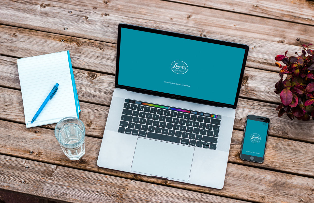 Free Macbook Pro and Black iPhone 7 Mockup on Wooden Table