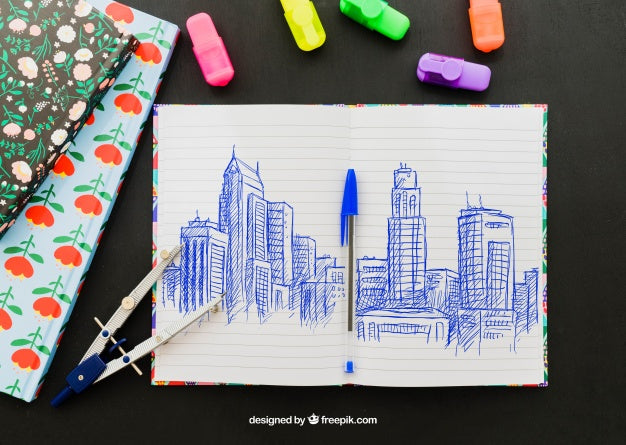 Free Markers, Folders, Compass And Pen Drawing Psd