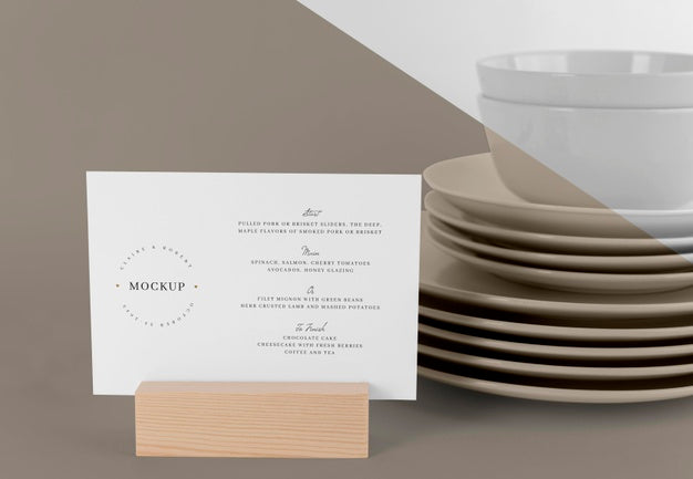 Free Menu Mock-Up With Wooden Stand And Dishes Psd