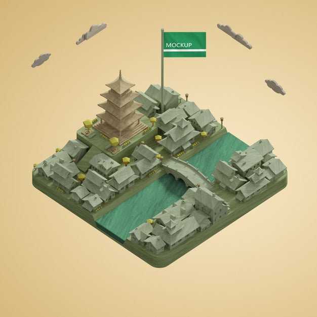 Free Mock-Up 3D Cities World Day Buildings Model Psd
