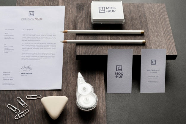 Free Mock-Up Stationery On Wood Arrangement Psd