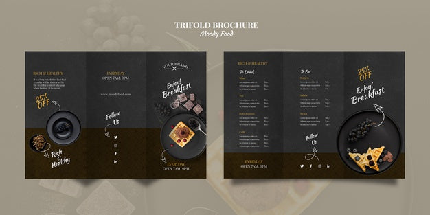 Free Moody Food Restaurant Trifold Brochure Concept Mock-Up Psd