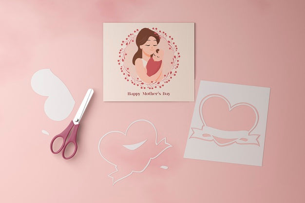 Free Mother'S Day Card And Scissors With Mock-Up Psd