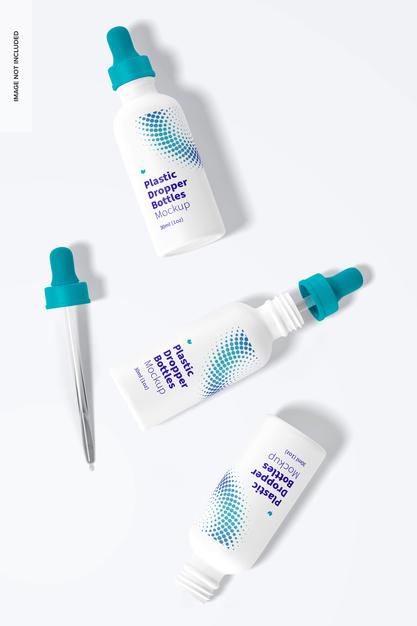 Free Plastic Dropper Bottles Mockup, Top View Psd