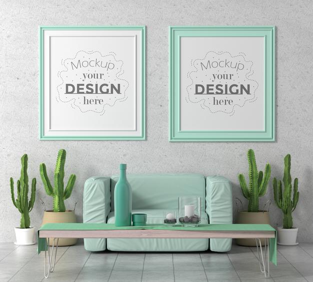Free Poster Frame In Living Room Mockup Psd