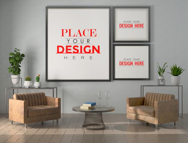Free Poster Frame In Living Room Mockup Psd