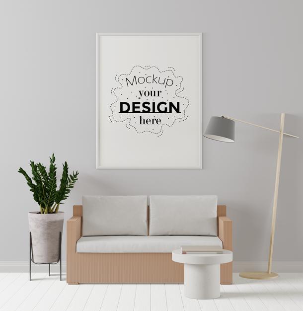 Free Poster Frame In Living Room Mockup Psd