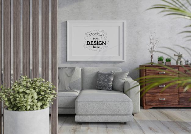 Free Poster Frame In Living Room Mockup Psd