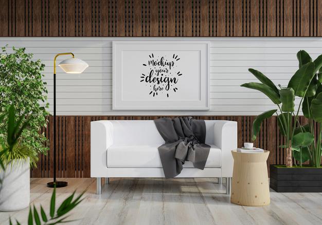 Free Poster Frame In Living Room Psd Mockup Psd