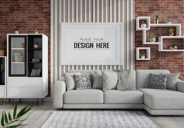 Free Poster Frame In Living Room Psd Mockup Psd