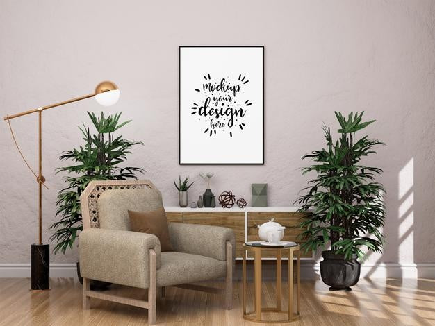 Free Poster Frame In Living Room Psd Mockup Psd
