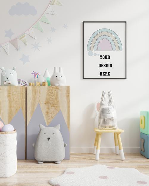 Free Poster Frame Mockup In Children Room. 3D Rendering Psd