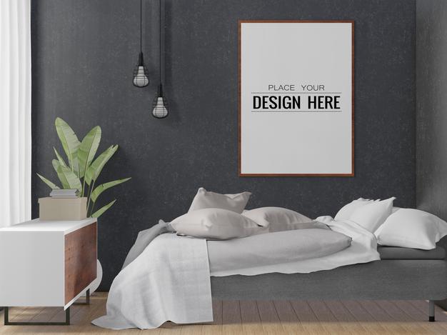 Free Poster Frame Mockup Interior In A Bedroom Psd