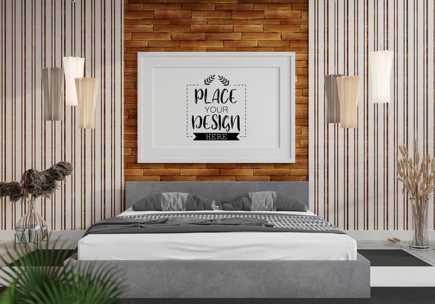 Free Poster Frame Mockup Interior In A Bedroom Psd