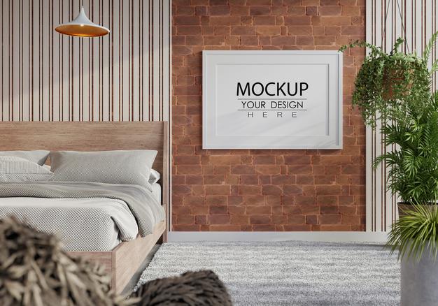 Free Poster Frame Mockup Interior In A Bedroom Psd
