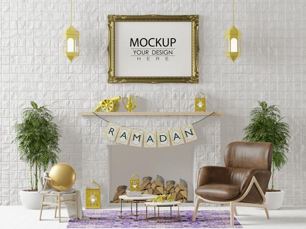 Free Poster Frame Mockup With Interior Ramadan Decoration Living Room Psd