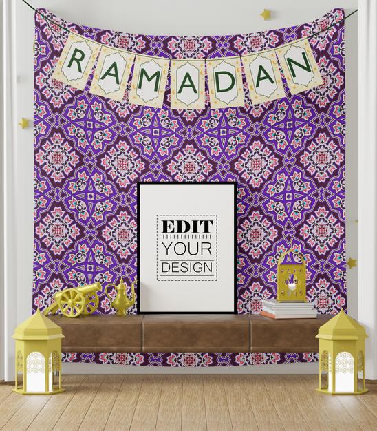 Free Poster Frame Mockup With Interior Ramadan Decoration Living Room Psd