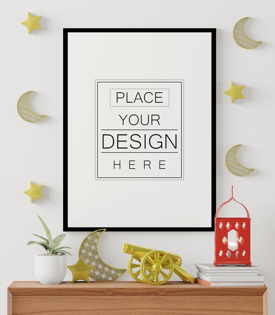 Free Poster Frame Mockup With Interior Ramadan Decoration Living Room Psd