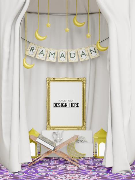 Free Poster Frame Mockup With Interior Ramadan Decoration Living Room Psd
