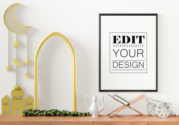 Free Poster Frame Mockup With Interior Ramadan Decoration Living Room Psd