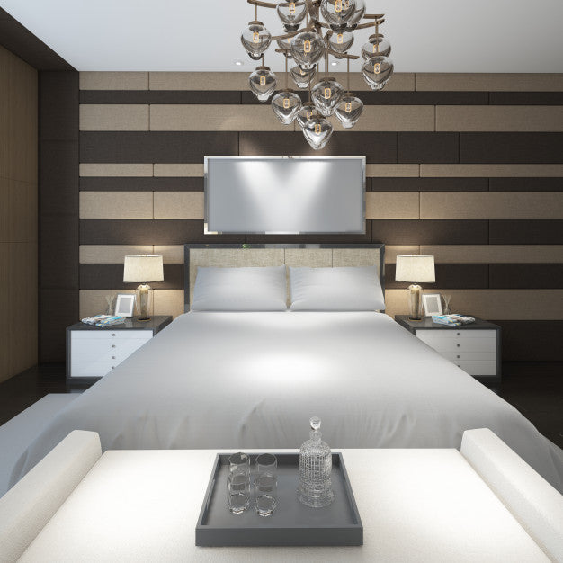 Free Realistic Modern Double Bedroom With Furniture And A Frame Psd