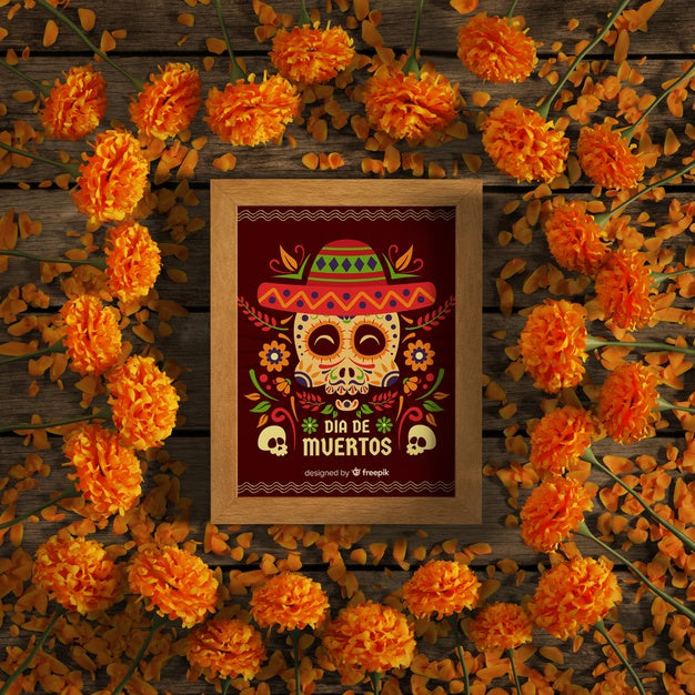 Free Red Skull Mock-Up Frame Surrounded By Orange Flowers Psd