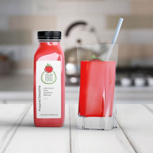 Free Red Smoothie In A Glass And Bottle Mock-Up Psd