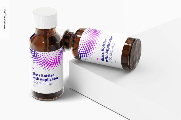 Free Round Glass Bottles With Applicator Rod Mockup, Perspective Psd