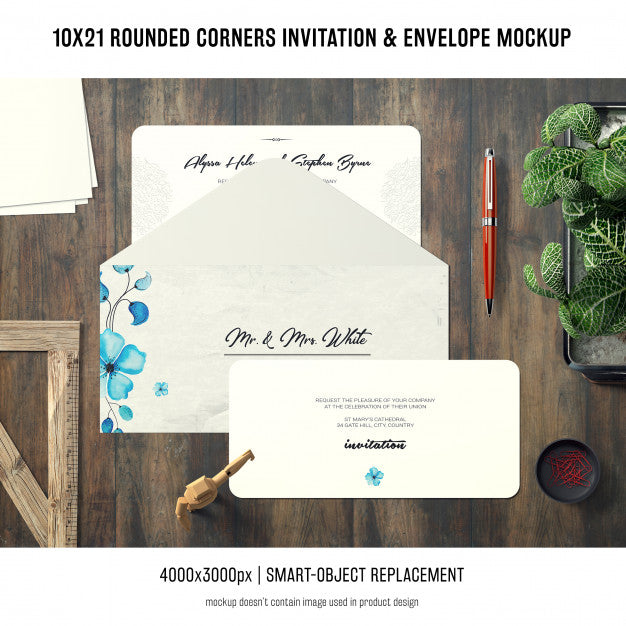 Free Rounded Corners Invitation And Envelope Mockup Psd