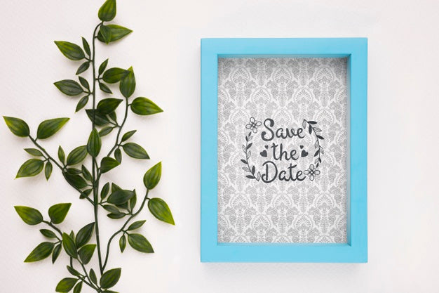 Free Save The Date Mock-Up Blue Frame And Plant Psd