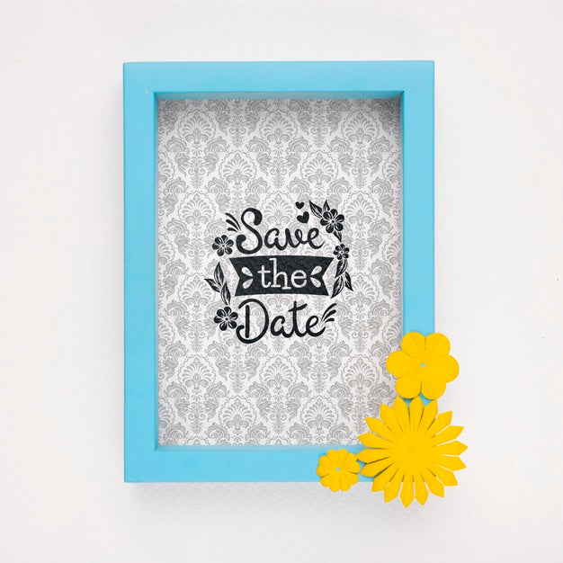 Free Save The Date Mock-Up Blue Frame With Yellow Flowers Psd