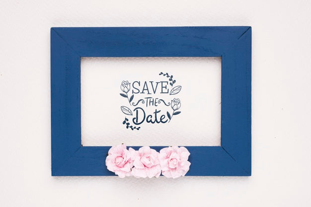 Free Save The Date Mock-Up Dark Blue Frame And Roses Psd