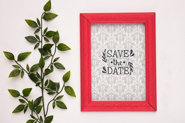 Free Save The Date Mock-Up Red Frame And Plant Psd