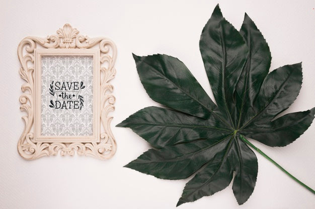 Free Save The Date Mock-Up Vintage Frame And Leaf Psd