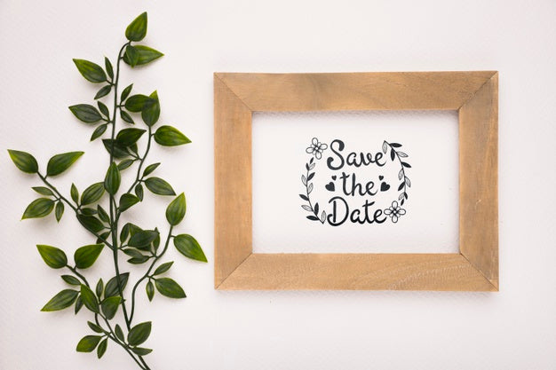 Free Save The Date Mock-Up Wooden Frame And Leaves Psd